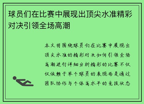 球员们在比赛中展现出顶尖水准精彩对决引领全场高潮